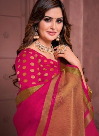 Innovative Pink Organza Trendy Saree with Woven Work