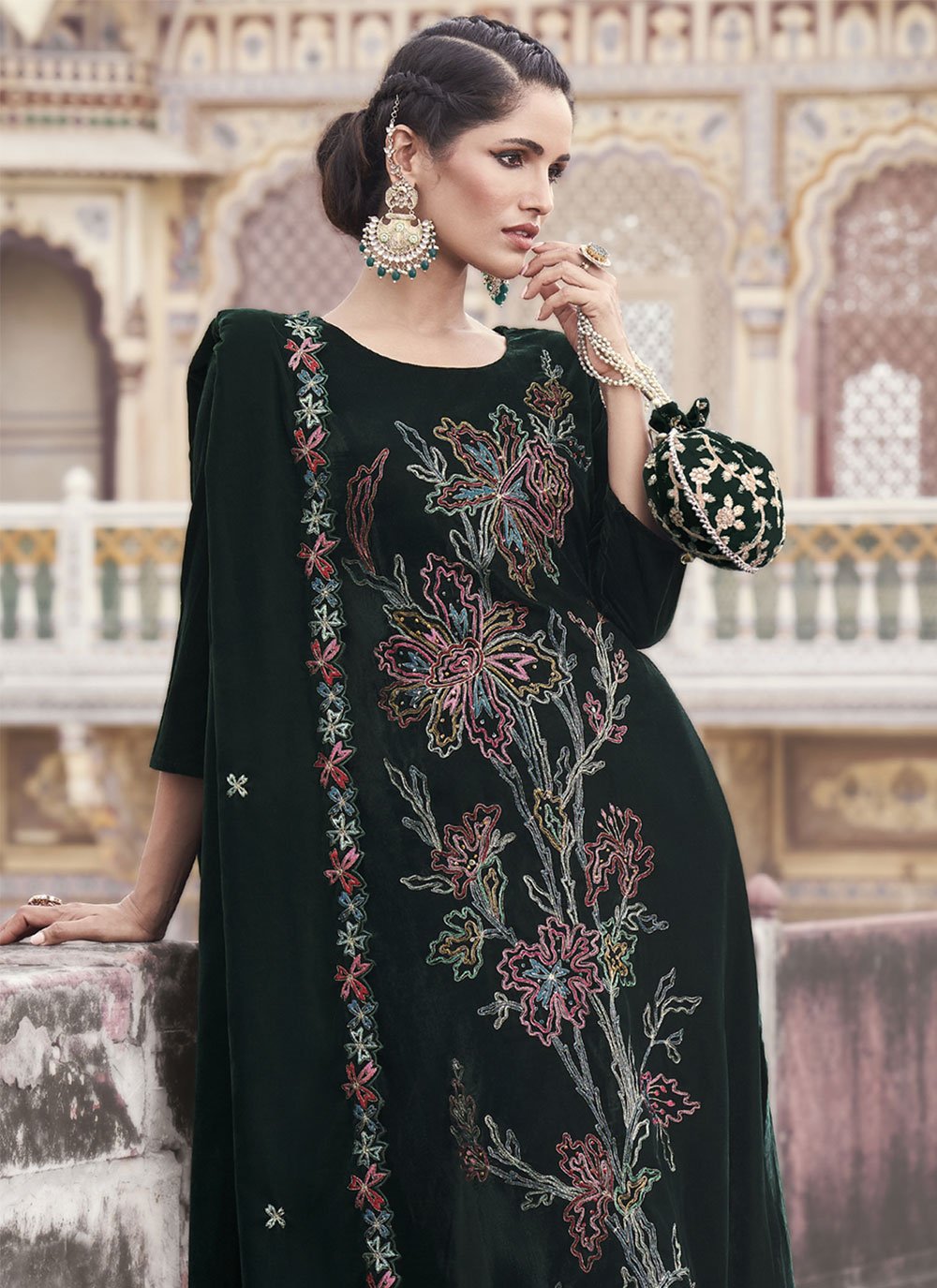 Pant Suits : Black velvet party wear pant salwar suit