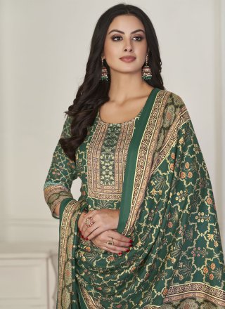 Invigorating Green Pashmina Salwar Suit with Digital Print Work
