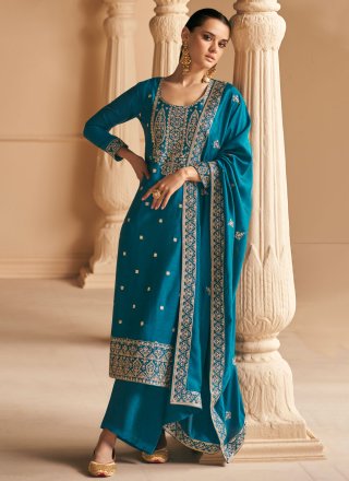 Irresistible Aqua Blue Silk Palazzo Salwar Suit with Embroidered and Resham Work