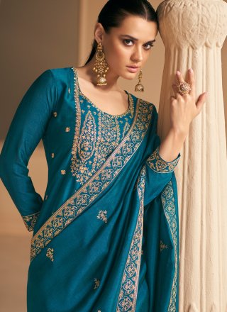 Irresistible Aqua Blue Silk Palazzo Salwar Suit with Embroidered and Resham Work
