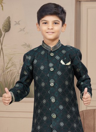 Jacquard Black and Green Indo Western