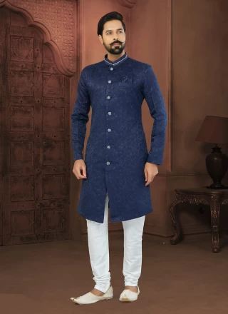 Jacquard Blue Indo Western Sherwani