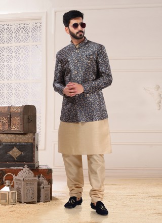 Jacquard Embroidered Indo Western Sherwani in Blue
