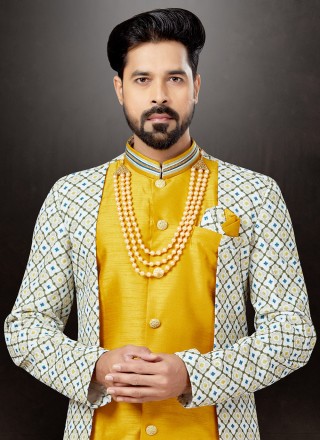 Jacquard Embroidered Multi Colour and Yellow Indo Western Sherwani