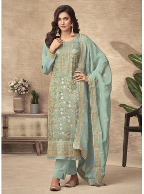 Jacquard Embroidered Sea Green Pant Style Suit