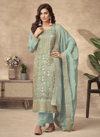 Jacquard Embroidered Sea Green Pant Style Suit