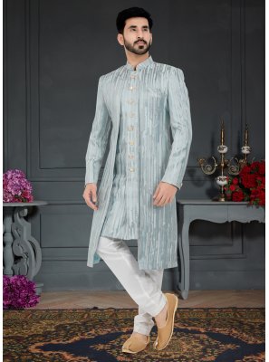 Jacquard Fancy Indo Western in Grey and Turquoise
