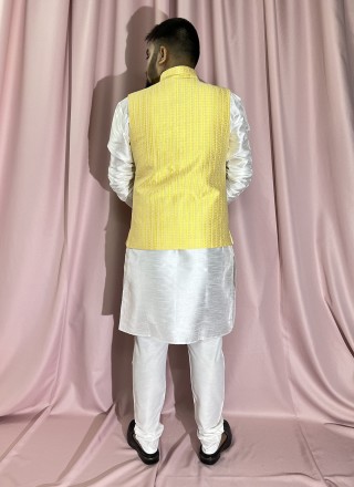Jacquard Fancy Kurta Payjama With Jacket in White and Yellow