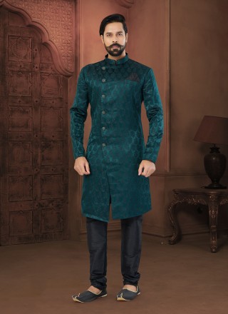 Jacquard Green Fancy Indo Western Sherwani