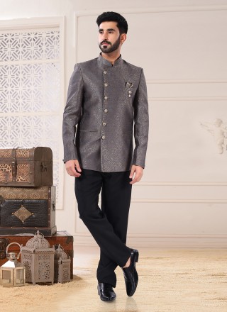 Jacquard Grey Embroidered Jodhpuri Suit