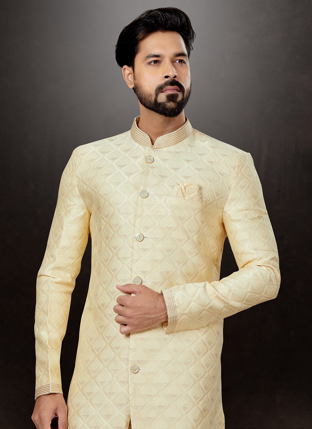 Buy Jacquard Indo Western Sherwani in Cream : 251062 - Wedding Sherwani