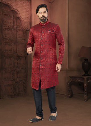 Jacquard Maroon Indo Western Sherwani