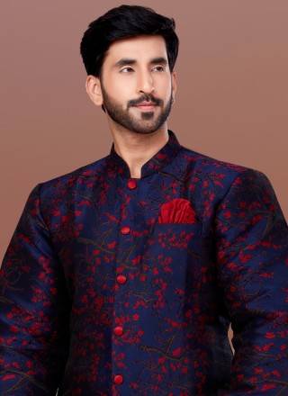 Jacquard Navy Blue and Red Indo Western