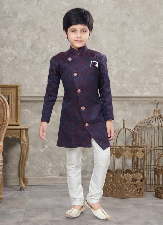 Jacquard Navy Blue Fancy Work Indo Western Sherwani
