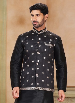 Jacquard Silk Black Kurta Payjama With Jacket