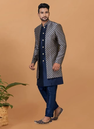 Jacquard Silk Blue Fancy Indo Western Sherwani