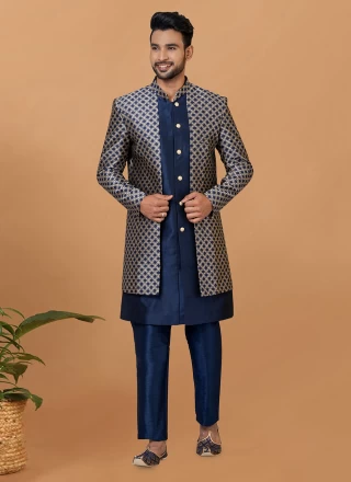 Jacquard Silk Blue Fancy Indo Western Sherwani