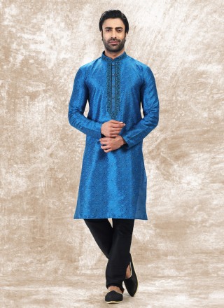 Jacquard Silk Blue Kurta Pyjama