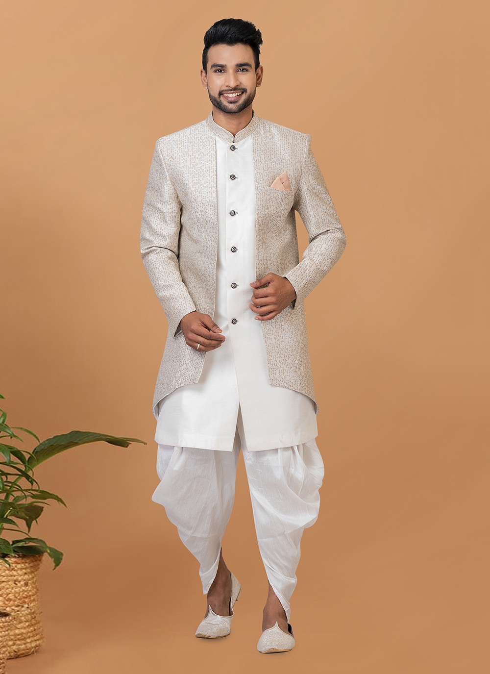 Jacquard Silk Fancy Grey and White Indo Western Sherwani