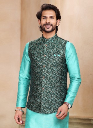 Jacquard Silk Green and Turquoise Kurta Payjama With Jacket