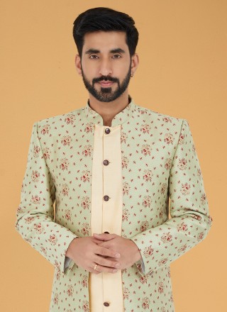 Jacquard Silk Indo Western in Gold and Green