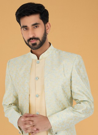 Jacquard Silk Indo Western in Gold and Multi Colour