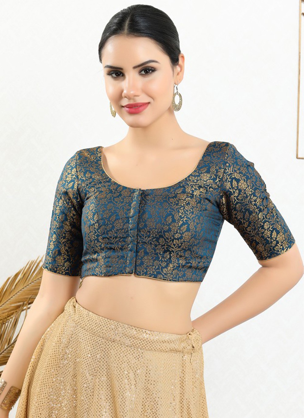 Buy Jacquard Teal Designer Blouse Online -