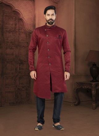 Jacquard Thread Work Indo Western Sherwani in Maroon