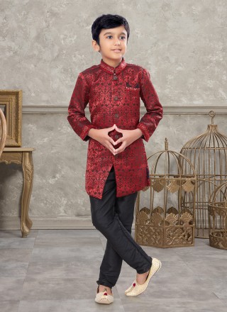 Jacquard Thread Work Maroon Indo Western Sherwani