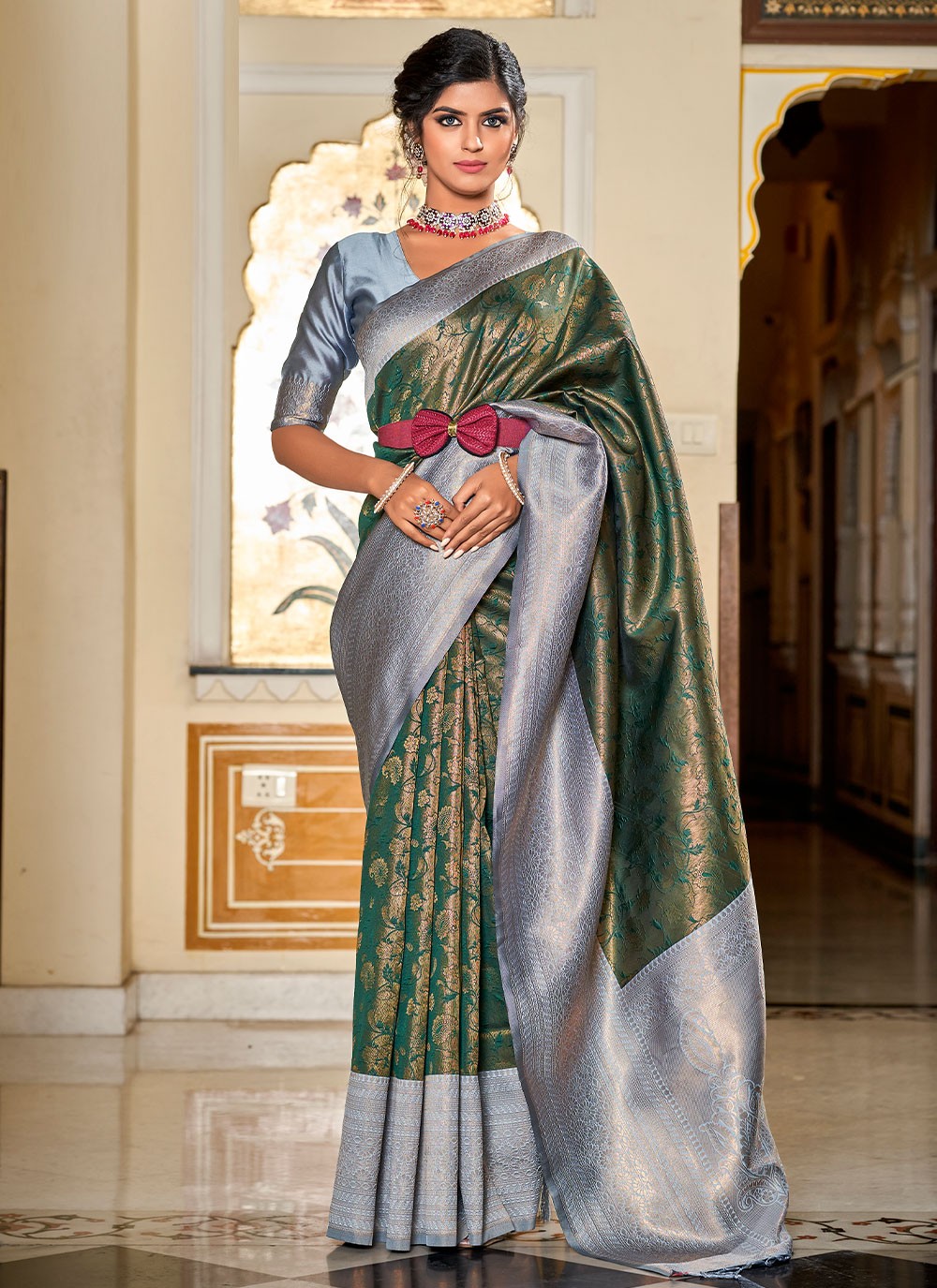 Teal Banarasi Silk Women's Saree With Jacquard Woven Work | Bridal Silk Saree | Wedding on sale Wear Silk Saree | Banarasi Saree With Blouse Piece