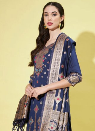 Jacquard Work Cotton Silk Designer Salwar Kameez in Navy Blue