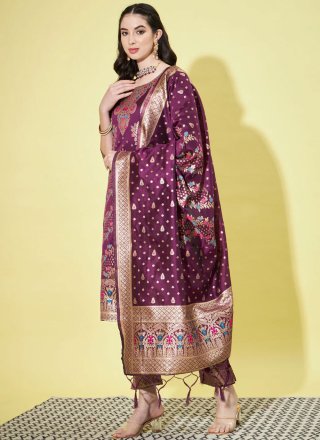 Jacquard Work Cotton Silk Readymade Salwar Suit in Purple