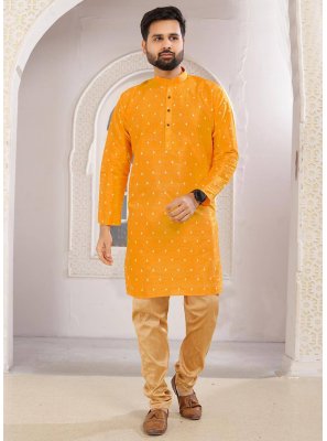 Jacquard Work Silk Kurta Pyjama in Mustard