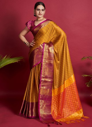 Jacquard Work Silk Orange Contemporary Style Saree