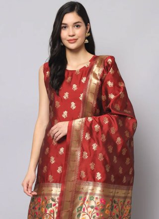 Jacquard Work Silk Red Designer Salwar Suit