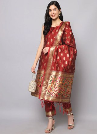Jacquard Work Silk Red Designer Salwar Suit