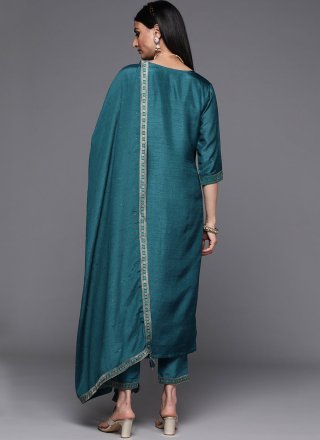 Jacquard Work Viscose Pant Style Suit In Teal for Casual