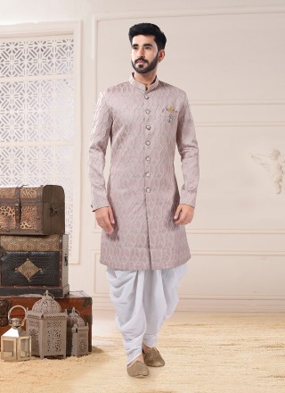 Jacquard Woven Indo Western Sherwani in Pink