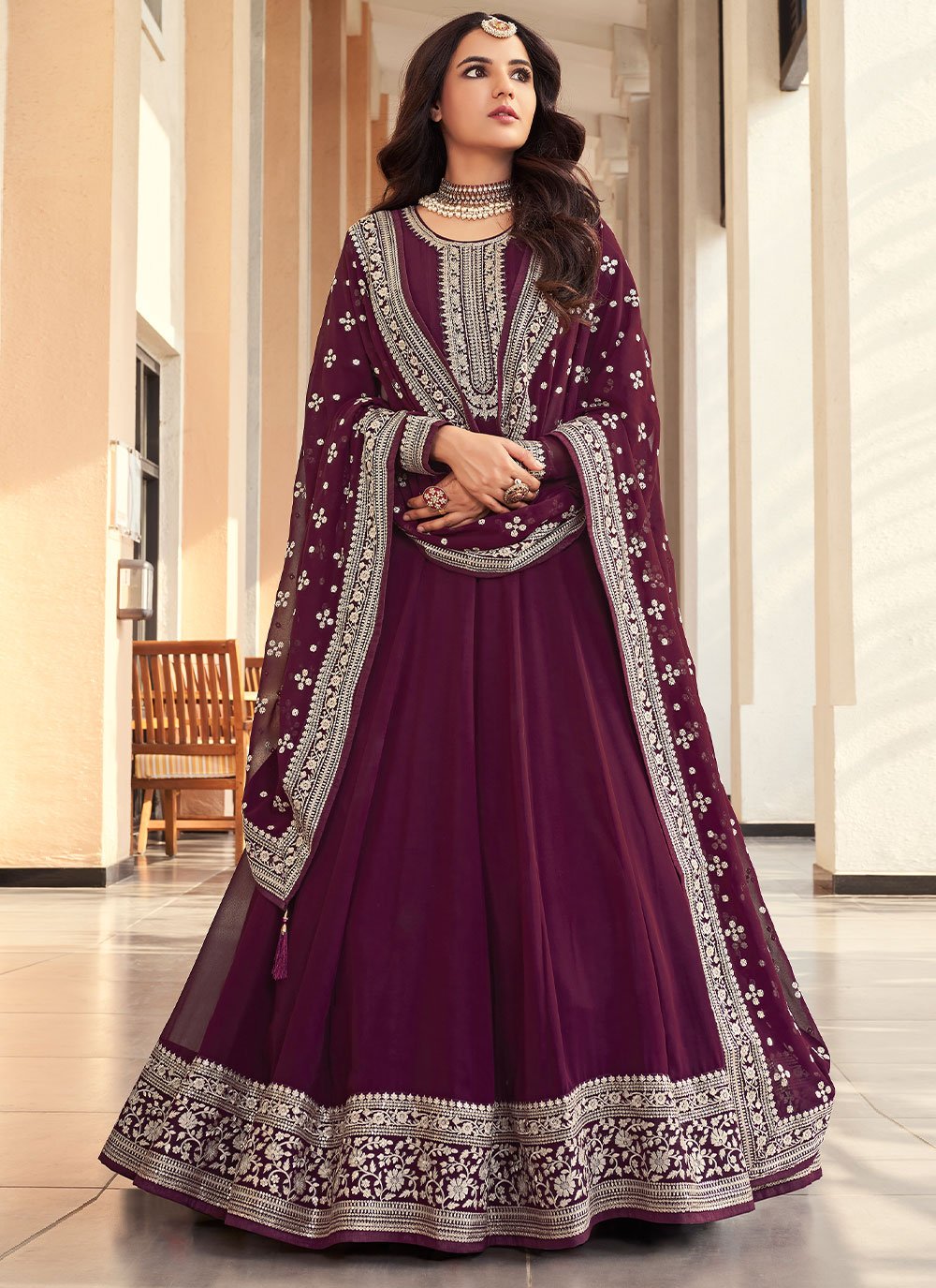  Jasmin Bhasin Embroidered Purple Anarkali Salwar Suit