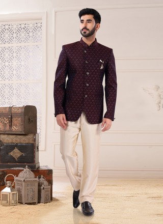 Jodhpuri Suit Embroidered Jacquard in Maroon
