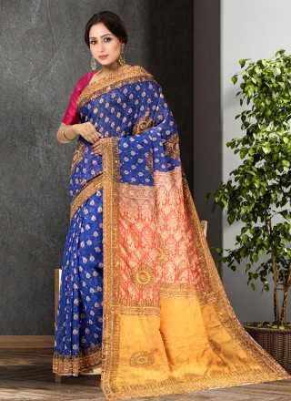 Blue Brocade Banarasi Silk Saree With Copper Zari – StylebyPanaaash