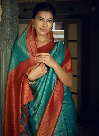 Kanjivaram Silk Weaving Sea Green Designer Traditional Saree