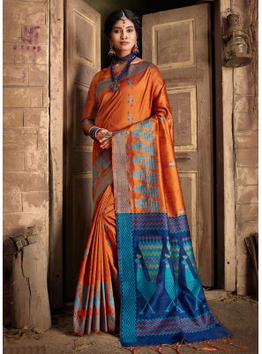 Khadi Silk Weaving Designer Saree in Orange
