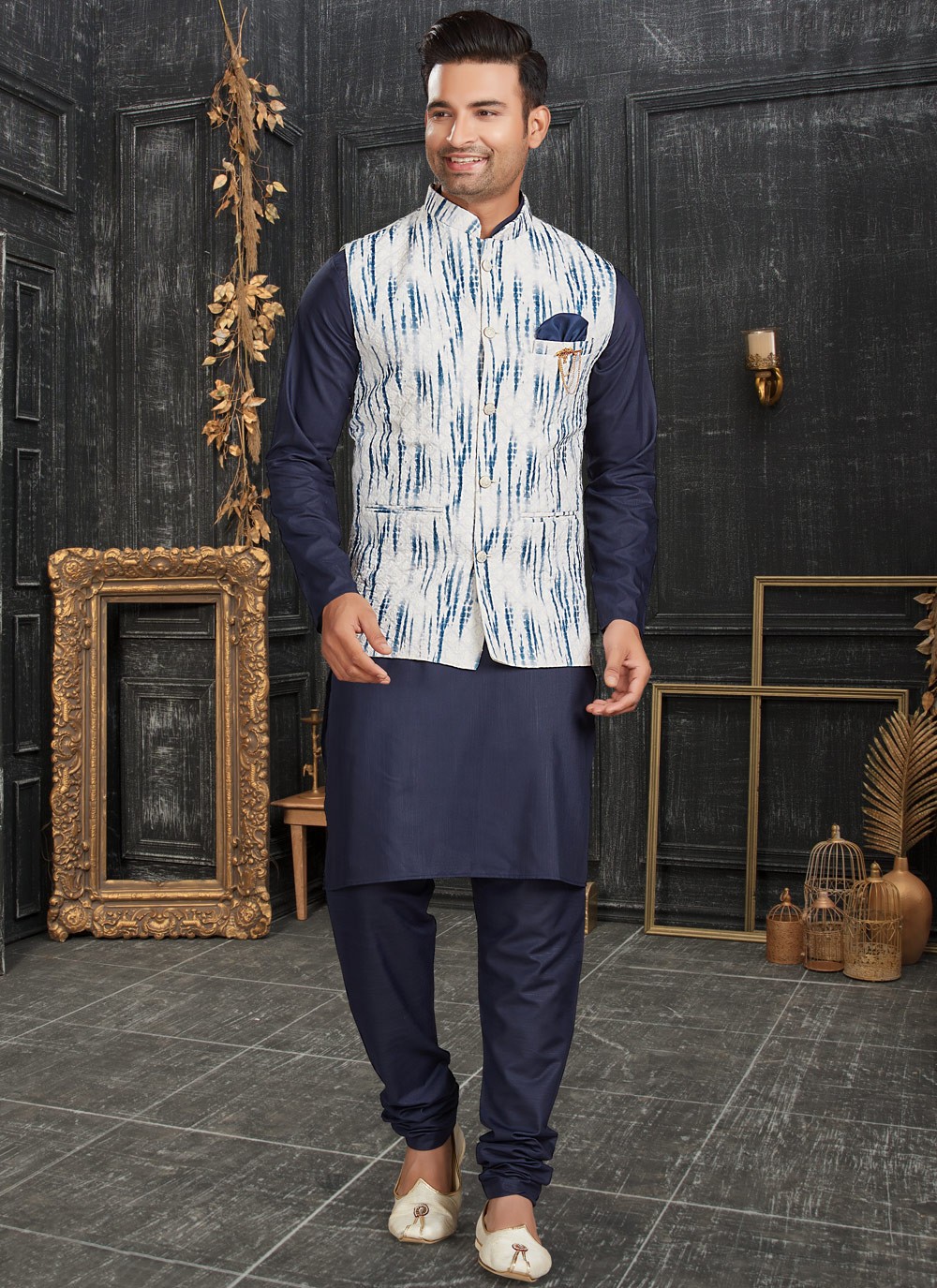 Kurta Payjama With Jacket Chicken Cotton in Blue and Off White