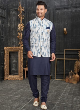 Kurta Payjama With Jacket Chicken Cotton in Blue and Off White