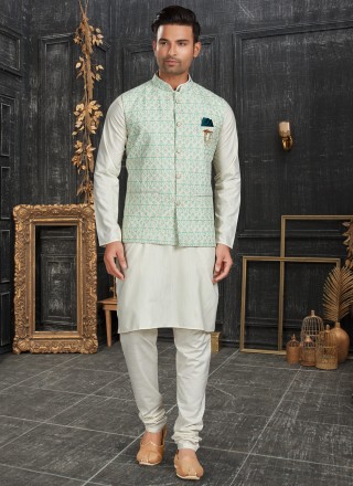 Kurta Payjama With Jacket Chicken Cotton in Multi Colour and Off White