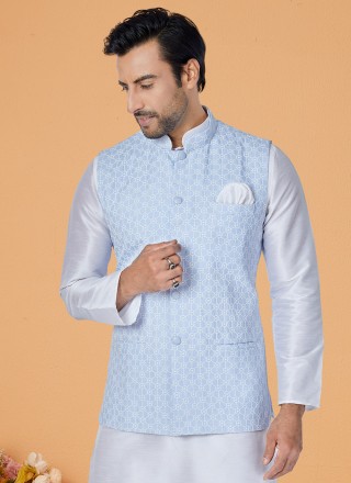 Kurta Payjama With Jacket Fancy Banarasi Silk in Aqua Blue and Off White
