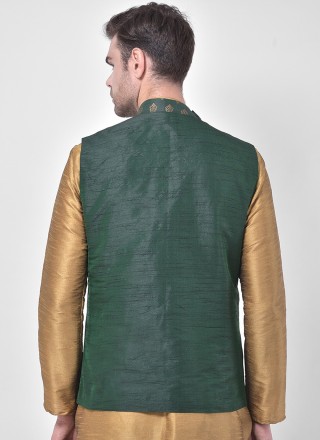 Kurta Payjama With Jacket Fancy Dupion Silk in Beige and Green