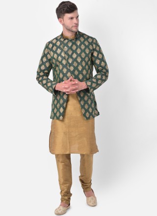 Kurta Payjama With Jacket Fancy Dupion Silk in Beige and Green